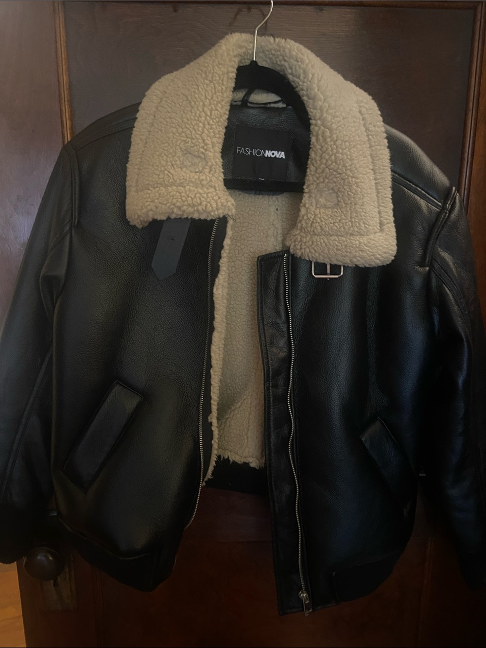 Fashion Nova Black Faux Leather Bomber Jacket with Cream Sherpa Lining